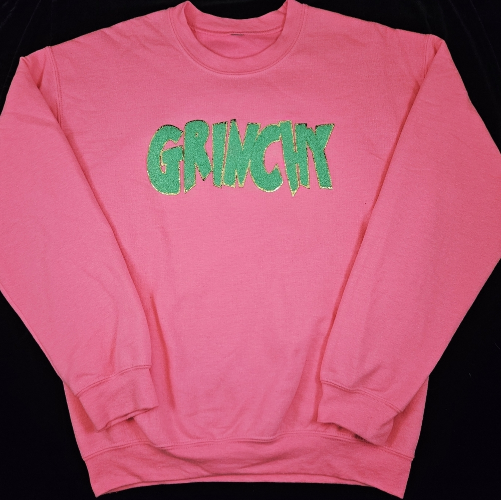 Grinchy Sweatshirt Large ? SEE MSMTS Hot Pink Neon Christmas Grinch Textured Elf